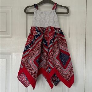 Blueberi Boulevard Red, Navy & White Patchwork Handkerchief Hem Dress